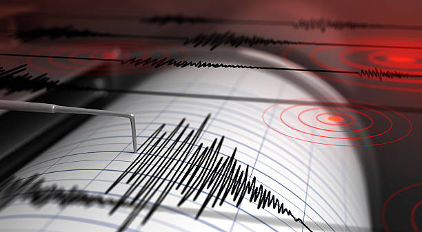 Seismograph with paper in action and earthquake - 3D Rendering